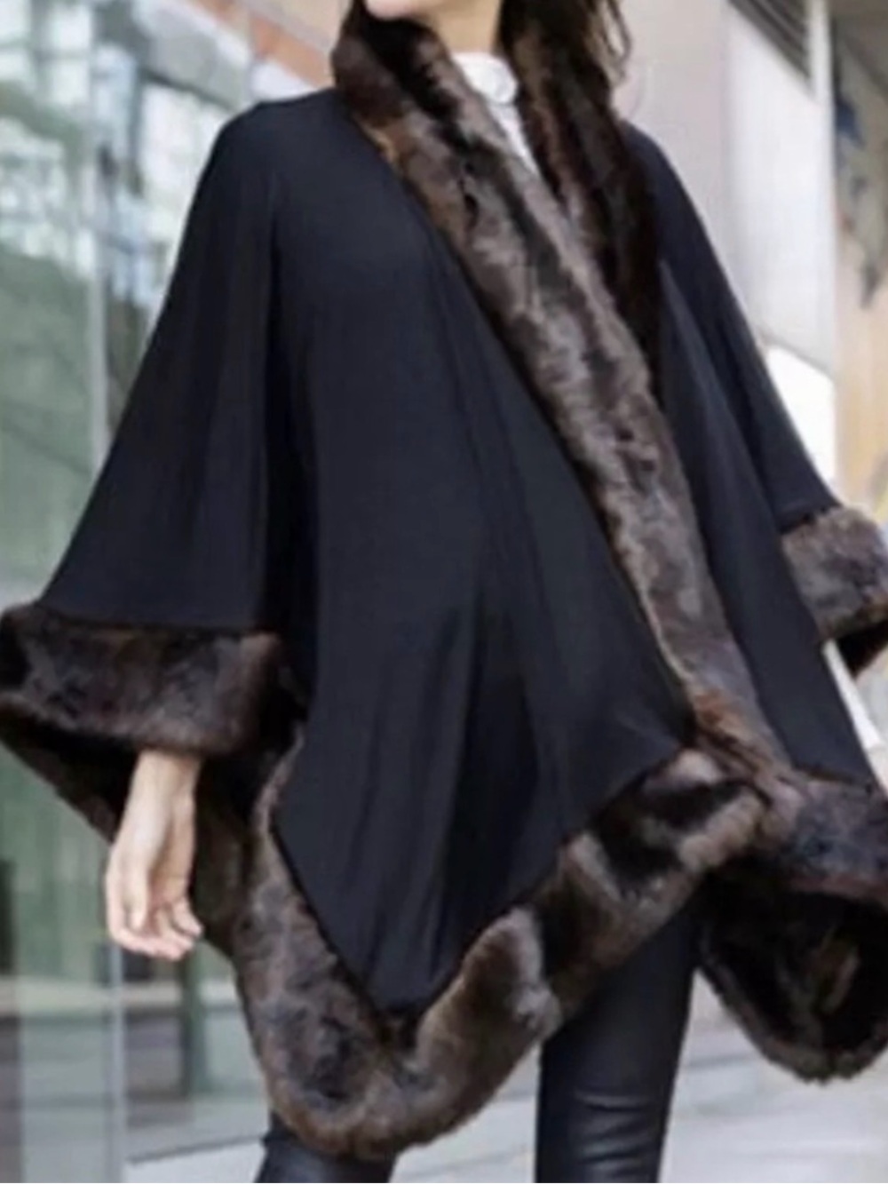 Fabulous Furs Black Cape with Dark Brown Faux Fur Trim